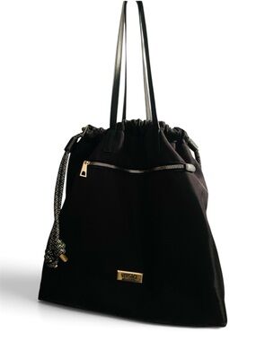 Versace Parfums Black Nylon Drawstring Tote Gold Hardware Shoulder Bag